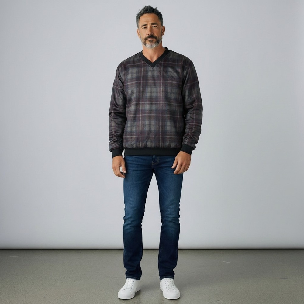 Forrester's Mens Plaid V-Neck Windshirt Pullover Jacket Grey Burgundy Size M